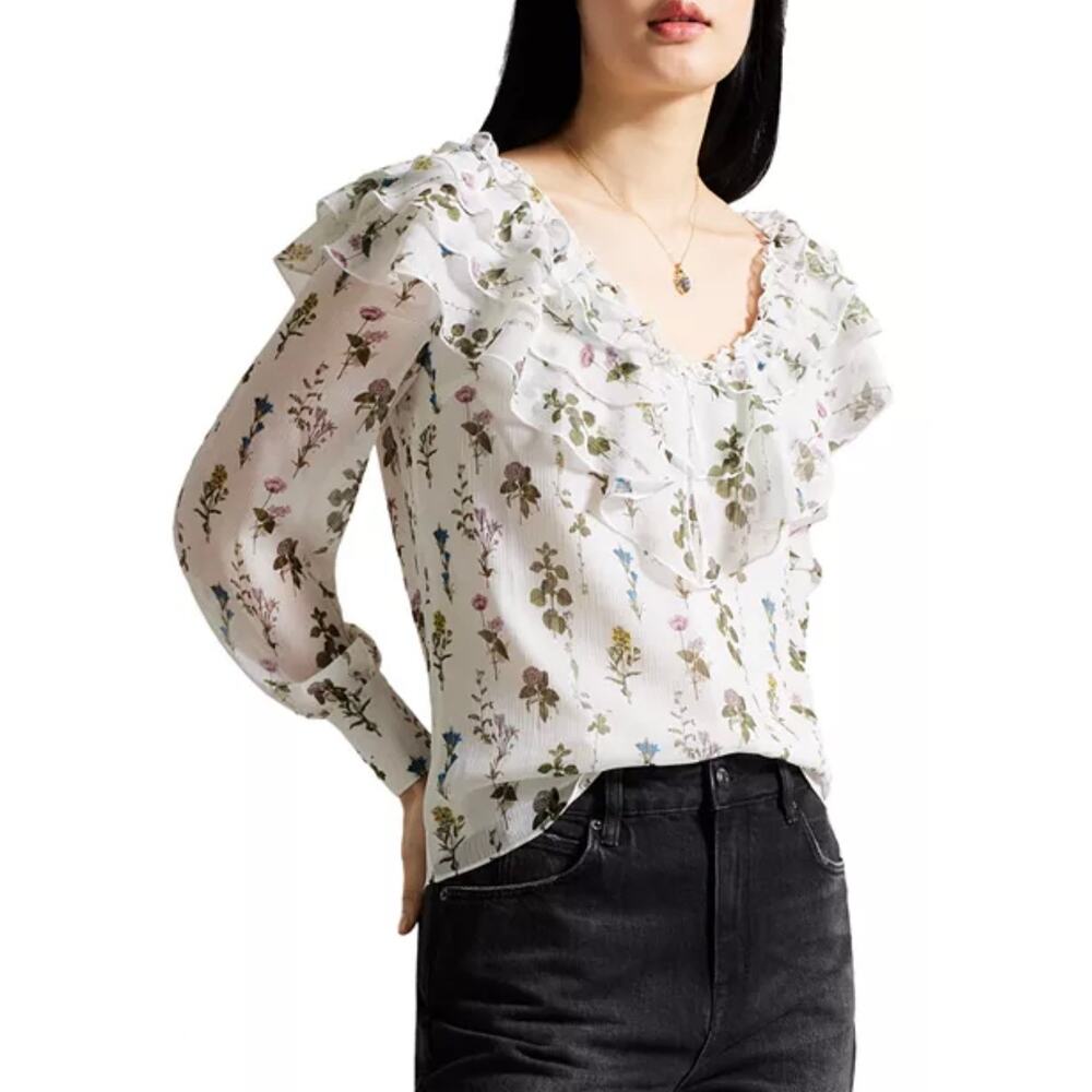 NWT Ted Baker Avarose Ruffled V Neck Long Sleeve Whimsical Floral Blouse